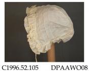Bonnet, infant's, fine white linen, two rows of frills to front, caul has five rows of cording, single frill to lower edge, caul finely gauged into crown, plain round crown with chain stitch detail, narrow cotton ties, approximate height 225mm, approxim
