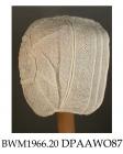 Bonnet, cap, infant's, coif style, fine white cotton, caul embroidered with rows of dots and tiny eyelet zigzags, five drawstrings round face with 25mm of embroidery between, caul gathered into 55mm crown of fine whitework with scalloped tabs, tabs desi