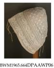 Bonnet, cap, infant's, coif style, white cotton, caul embroidered with whitework sprigs, three pairs of drawstrings round headpiece with sprays of flowers between, caul gathered into horseshoe crown of matching whitework, with tabs, caul appears to be s