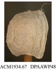 Cap, bonnet, infant's, coif style, fine white linen, drawstring to front edge, headpiece of made of two bands of zigzag floral whitework with a triple row of cording between, caul embroidered with sprig motif, round crown with eyelets and needle filling