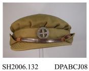 Cap, hat, women's, FANY, First Aid Nursing Yeomanry, officer's cap, FANY cap badge, leather hat band, khaki gabardine,  size medium W broad arrow D 821, part of SH2006.131, approximate diameter of crown 210mm, c1938-1945