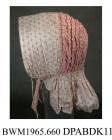 Sunbonnet, women's, rose pink sprig print on white cotton, deep stitched and lightly padded brim with rounded corners, deep bavolet or curtain of same fabric as brim, caul of different sprig printed cotton on pink ground, caul gathered onto six rows of 