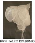 Day cap, night cap, cap, women's, fine white net, edges trimmed with a frill of matching white net, the front edge is trimmed with a deeper frill of net which tapers and extends on either side to form short fish-tailed lappets, plain caul, large puffed 