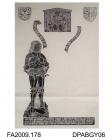 Brass rubbing, in black heel-ball, on white paper, Thomas Hampton (1483) in armour and wife, Isabel(1475) whose upper part of effigy is missing, 8 children, Trinity and 4 family shields, St Michael's Church, Stoke Charity, Hampshire, by Herbert Druitt, 