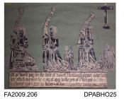 Brass rubbing, in black heel-ball, cut outs on green paper, Robert Thornburgh in armour, 1522, kneeling, with wives Alys and Anne and total of 9 children, cross showing 5 wounds, 3 lines of Latin inscription, St Peter & St Paul's Church, Kimpton, Hampsh