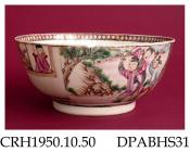 Bowl, hard paste porcelain, decorated in Mandarin style with two scenes of Chinese figures, one a family on a terrace overlooking water, the other including two swordsmen, the scenes separated by shaped Y-diaper panels and miniature landscapes in monoch