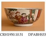 Slop bowl, hard paste porcelain, decorated in Mandarin style, a scene of Chinese figures in a garden, same scene on other side separated by shaped panels incorporating miniature landscapes in monochrome; not marked, made in Jingdezhen, Jiangxi Province,