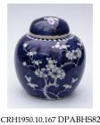 Ginger jar, hard paste porcelain, blue painted scale ground with reserves of white prunus blossom and denticulated border on shoulder; double blue circle on base, made in Jingdezhen, Jiangxi Province, China, c1900-1925