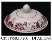 Jar lid, hard paste porcelain, dome shape with pinecone knop, decorated with flower sprigs and diaper panels in imitation of New Hall designs; not marked, made in Jingdezhen, Jiangxi Province, with decoration possibly applied in Guangzhou, Guangdong Pro