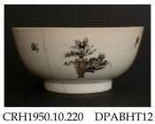 Bowl, hard paste porcelain, decorated with a  vase of flowers and scattered sprigs en grisaille touched with gold, internal dagger border; inscription on base, made in Jingdezhen, Jiangxi Province, China, c1740-1760the partly legible inscription on the