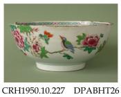 Bowl, hard paste porcelain, decorated in famille rose colours with a bird on a peony branch, gothic diaper and florette border inside; not marked, made in Jingdezhen, Jiangxi Province, China, c1770-1790
