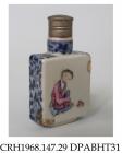 Snuff bottle, hard paste porcelain, rectangular, decorated with seated chinaman on one side and rose on the other, blue floral scrolls on edge and neck, with cork and metal lid; base, mark of the Qianlong emperor in seal characters, made in Jingdezhen, 