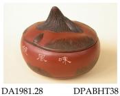 Bowl, or cup, with cover, red stoneware, in the form of a water chestnut, with inscription; unidentified seal mark inside cover, made in Yixing, Jiangsu Province, China, 1981