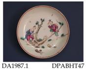 Saucer, hard paste porcelain, decorated in famille rose colours with two Chinamen cutting down a tree; not marked, made in Jingdezhen, Jiangxi Province, China, c 1765-1770