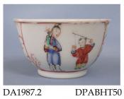 Tea bowl, hard paste porcelain, decorated with two panels containing Chinese figures; not marked, made in Jingdezhen, Jiangxi Province, China c1765-70