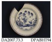 Dish, hard paste porcelain, painted blue underglaze with Chinese figures in a landscape, brown edge; not marked, made in Jingdezhen, Jiangxi Province, China, c1875-1900