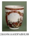 Coffee cup, hard paste porcelain, U-shape, handle missing, decorated with a European harbour scene in colours within a red and gilt cartouche; not marked, made in Jingdezhen, Jiangxi Province, China, c1740
the decoration probably after a harbour scene b