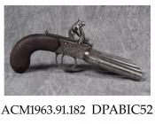 Pistol, 60 bore, flintlock ducks foot pistol with a spread of shot, four barrels firing together, with belt hook, made by H Nock, London 1780
Duck's foot pistols of this type were popular among naval officers as the confined quarters on board ship made 