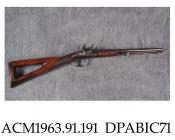 Carbine, flintlock double barrel 22 bore with skeleton butt, sliding bayonet under barrel, made in London by Tatham and Egg, 1790