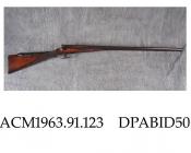 Shotgun, double barrelled shotgun of 20 bore using centrefire cartridges, F Bacon patent of 1870, Birmingham proof, retailed by Theophilus Murcott, London, 1870
