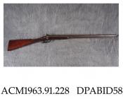 Shotgun, duck gun, double barrelled, using percussion lock, 12 bore, Belgian charge, sliding barrel system, finished and retailed by Joseph Lang, London, or perhaps Belgium? 1860