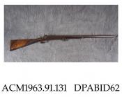 Shotgun, double barrelled, pinfire, 16 bore, rack and pinion sliding barrel action, made by Y Parfrey, Pimlico, London, patent of 1862