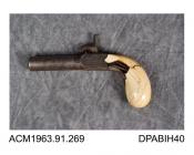 Pistol, boxlock percussion pocket pistol with concealed trigger, off centre hammer, Liege proof mark, made in Belgium, about 1835