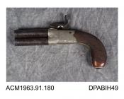 Pistol, boxlock percussion over and under pistol, with Paktong alloy action and folding trigger, single hammer covering both nipples, 64 bore, made by R S Clark, New York, United States, about 1840