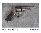 Revolver, six shot lefaucheux pinfire pistol, made by H Steven, Liege, Belgium, about 1870