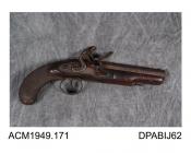 Pistol, 22 bore, Tower proof mark, owned by E Carrington? made by Bond, about 1800