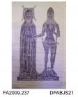 Brass rubbing, in black heel-ball on white paper, Sir Edward Cerne, 1393, in armour, holding hands with his wife, Elyne, ob.1419, with two lines of French inscription, by Herbert Druitt, 1876-1943'Elyne, wife of Sir Edward Cerne, Draycot Cerne, Wilts, 