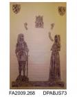 Brass rubbing, in black heel-ball, on white paper, John Kyngeston, 1514, in armour, and wife, Susan (Fetyplace), with Trinity, 2 shields and 4 lines of Latin inscription, church at Childrey, Berkshire, by Herbert Druitt, 1876-1943