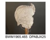 Bonnet, cap, infant's, fine white linen, caul trimmed three rows cording, two rows cording and frills around face, tied outside on brow, single frill around lower edge and divided at nape, 70mm diameter crown, approximate height 175mm, approximate depth