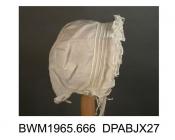 Bonnet, cap, infant's, white linen, caul trimmed four lines of cording, two rows of crimped cotton frills around face, single frill around nape, caul gauged into 50mm diameter crown, cotton ties, approximate height 140mm, approximate depth 130mm, c1800-