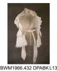 Bonnet, day cap, white cotton and broderie anglaise, front edged with frill of broderie anglaise, headpiece trimmed with two frills of broderie anglaise, nape trimmed with deep frill of broderie anglaise and four rows of fine pintucks, round crown with 