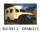 Ambulance, J4 Bedford ambulance, black and cream, with 6 cylinder petrol engine, RAF type, used at RAF Farnborough, then used by the St John's Ambulance, made by Bedford, Vauxhall Motors, Luton, Bedfordshire, 1953, first registered 23.6.1960