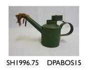 Flare lamp, railway driver's inspection flare lamp, metal pot metal pot to hold oil or paraffin, with handle,  painted green, long spout with cotton wick protruding from the end at end, filler cap attached to the handle by a chain, said to be used  used