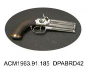 Pistol, officer's over and under percussion belt pistol, 30 bore, much engraved decoration, made by Whistler, London, 1840