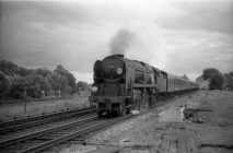 Digital image copy at 800 dpi of an original black and white print photograph retained by donor of Mike Peart, showing a rebuilt Battle of Britain class locomotive 34085 "501 SQUADRON" with a Bournemouth to Waterloo express at Shawford Station.