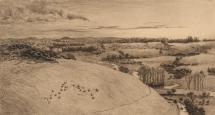 Print, etching, St Catherine's Hill and the River Itchen, Winchester area, Hampshire, by Heywood Sumner, 1880.
Published in The Itchen Valley, plate 15.