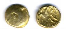 Coin, ancient British, gold, found by metal-detectorist in Big Reeds Field, Cheriton, Hampshire, Atrebatic Abstract type.