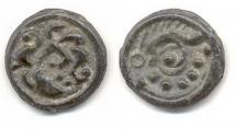 Coin, ancient British, cast bronze (potin), found by metal-detectorist at Warnford, Winchester, Hampshire, Gallo-Belgic type, 55BC-0BC.