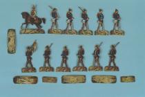 Toy soldier, 12 paper soldiers in German uniforms, consisting of 10 marching soldiers, 1 flag bearer and a cavalryman, with stands, c1870s