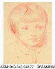 Drawing, pencil drawing on paper in red of a young boy, unidentified, drawn by William Herbert Allen, of Farnham, Surrey, 1880s-1940s
The boy is facing to the front but is looking down to the right. He has hair cut to a fringe and is wearing a collar an