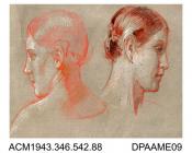 Drawing, charcoal drawing on paper in brown, white and orange of two young ladies, unidentified, one facing profile to the left, the other to the right, drawn by William Herbert Allen, of Farnham, Surrey, 1880s-1940s