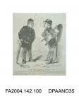 Cartoon sketch from the Melbourne Punch, showing two smartly dressed butcher's boys carrying their trays and discussing their prospects for going up in the world. Circa 1871-1874.vol 2, page 101