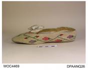 Shoes, pair, women's, ivory satin, covered cream corded silk woven with stylized flowers in pink, blue, red and green, possibly Middle Eastern or Turkish in origin, lined white kid, square toe, bow trim of cream satin ribbon and tarnished silver strip d