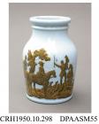 Potted meat jar, blue stained stoneware, decorated with a fox-hunting scene printed onto a conforming opaque yellow ground; base, printed registered design mark with encoded date of 19th August 1856, made by F and R Pratt and Co, Fenton, Stoke-on-Trent,