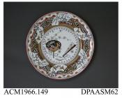 Dinner plate, white earthenware, decorated with transfer-printed and enamelled 'Bombay' pattern of fans and Japanese motifs; back, painted pattern number, impressed factory marks including letter S, figure 10 and BB (for Best Body) as well as printed pa