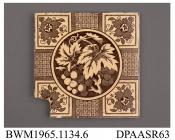 Tile, pressed clay dust, with a brown printed design including floral corner motifs and a central roundel containing grapes and vine-leaves; back, moulded grid and factory mark and printed registered design mark with encoded date of 2nd December 1882, m